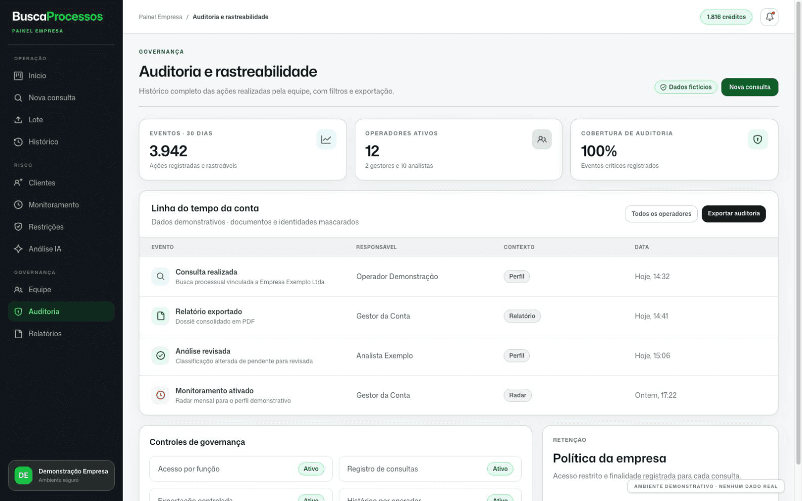 Tela demonstrativa de auditoria e rastreabilidade do Painel Empresa