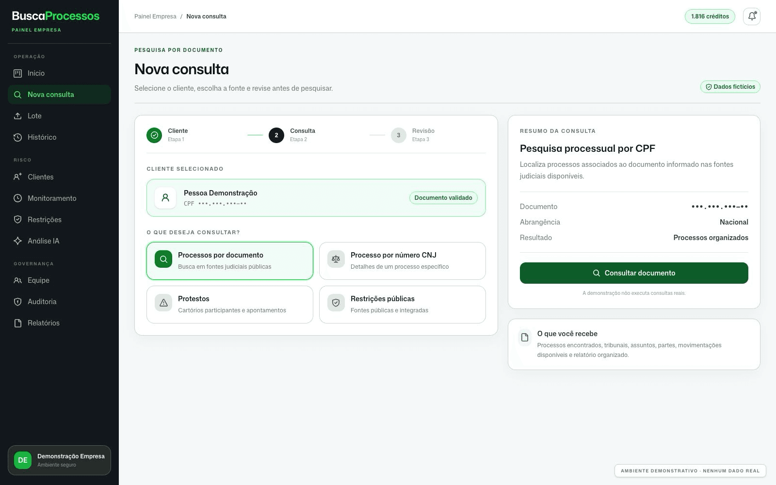 Tela demonstrativa de nova consulta por CPF ou CNPJ no Painel Empresa