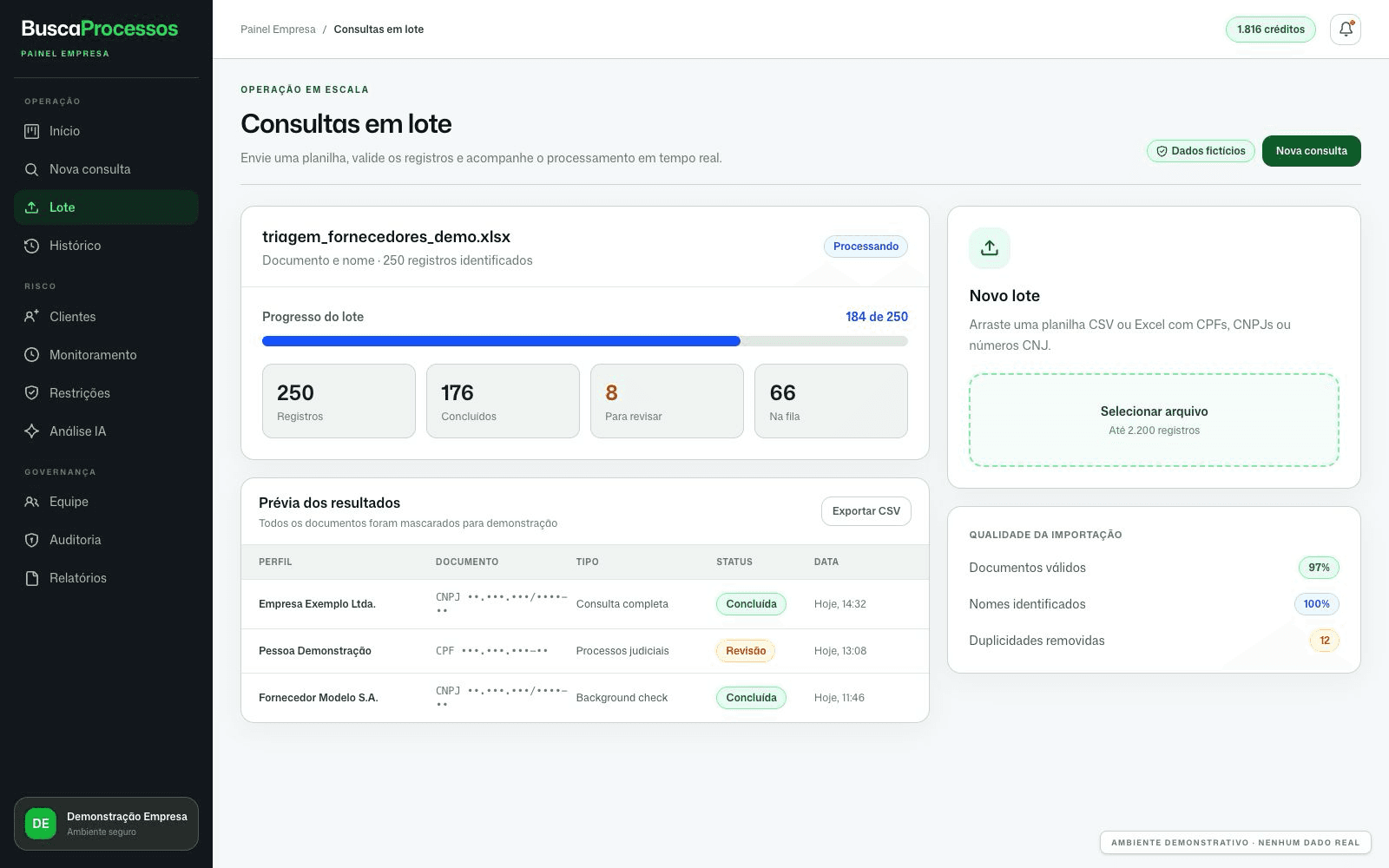 Tela demonstrativa de processamento de consultas em lote no Painel Empresa