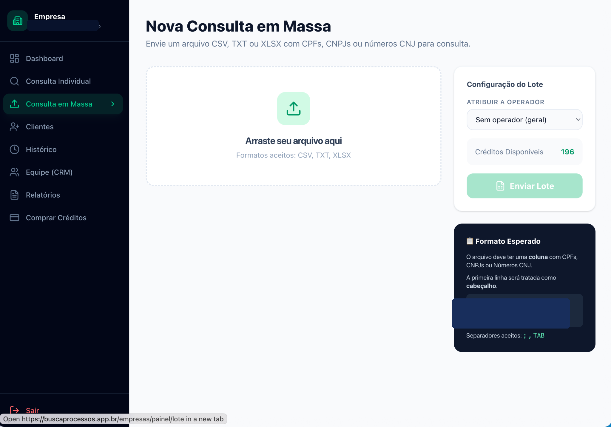 Tela de upload para background check judicial em massa por CPF, CNPJ e CNJ