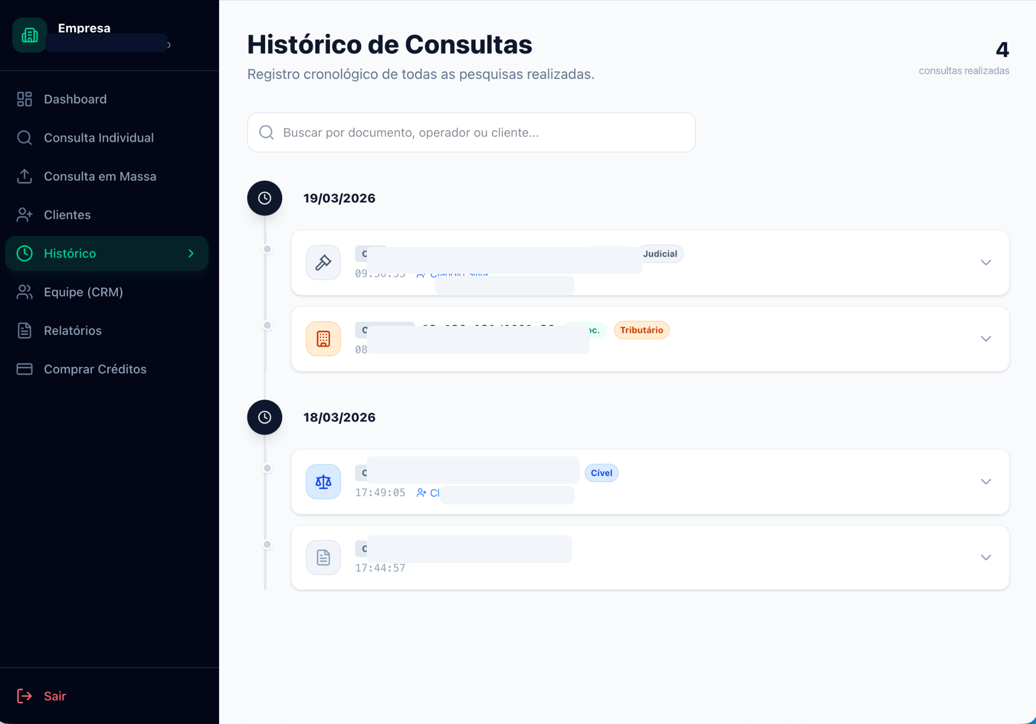 Histórico cronológico de consultas processuais em painel corporativo