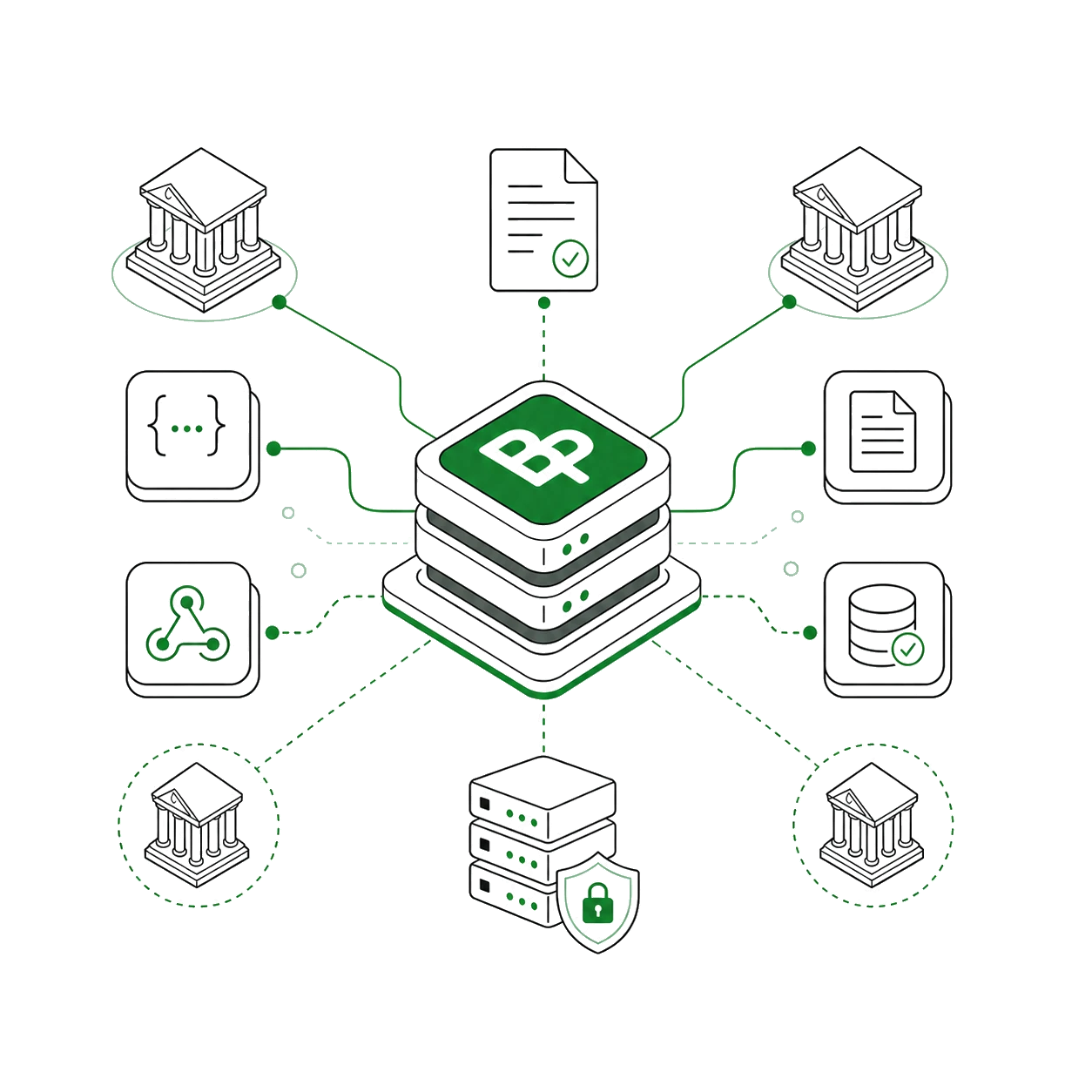 Ilustração da API jurídica conectando sistemas, tribunais e dados processuais